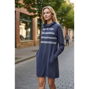 Akini Long Knit Fair Isle  Hooded Sweater dress Size S Yoga Bohemian Gray Cotton